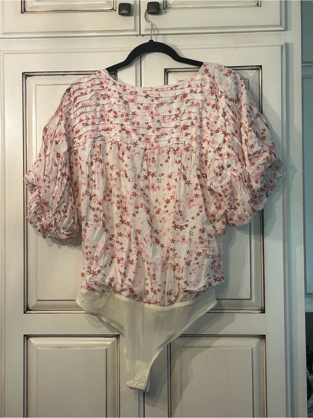 Free People White Bodysuit with Pink and Brown  Floral Print